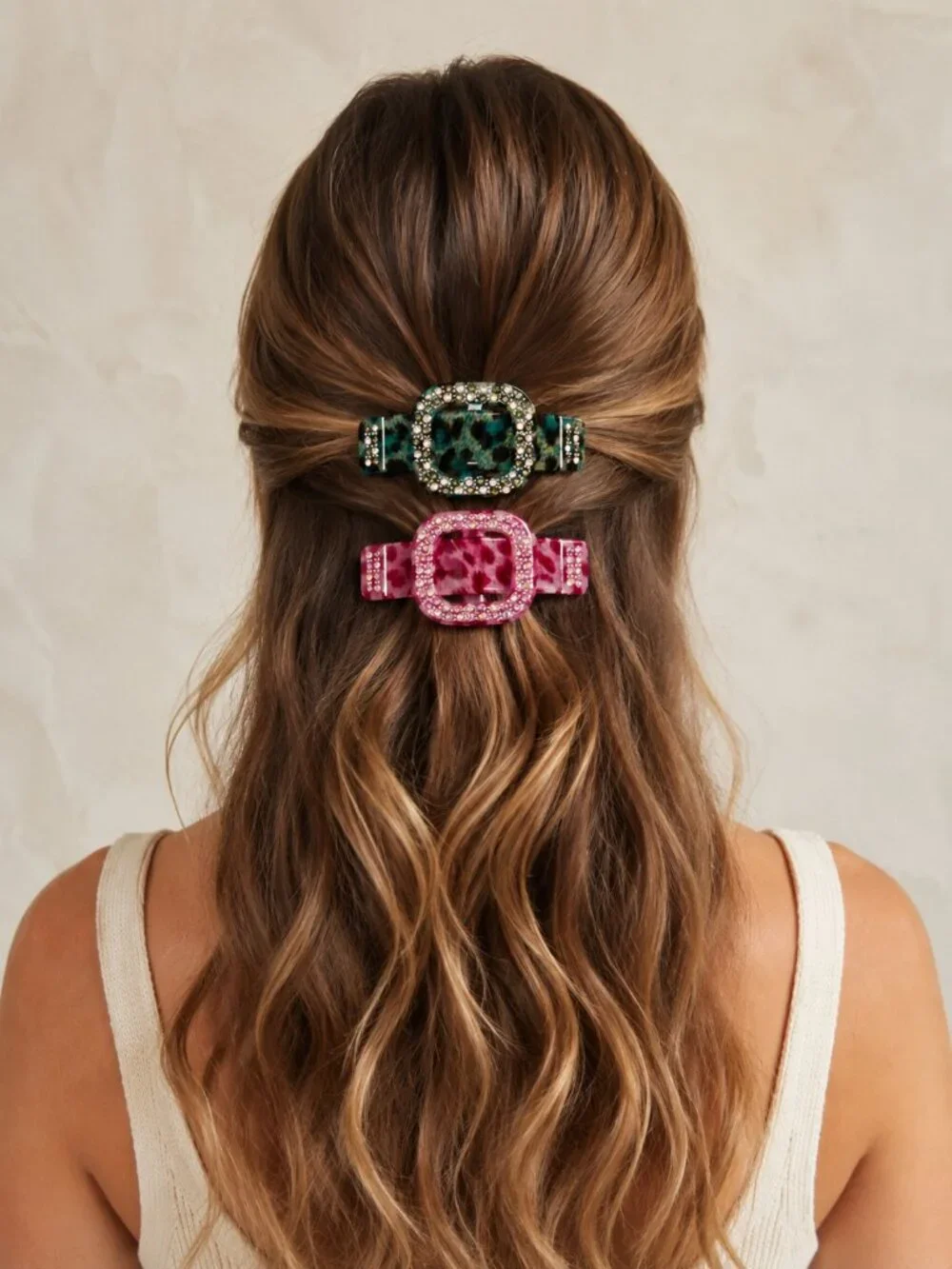 Green Rhinestone Buckle Leopard Print Resin Hair Barrette - Set of 2 - NEW
